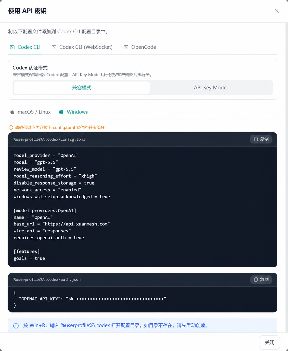 玄枢后台提供的 Codex CLI 手动配置说明